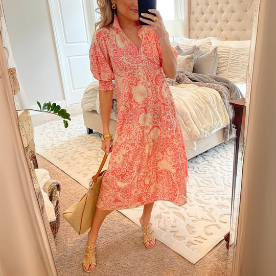 Carmen | Floral Midi Coral Dress