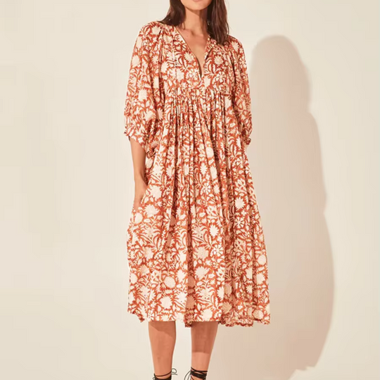 Carmen | Floral Midi Coral Dress